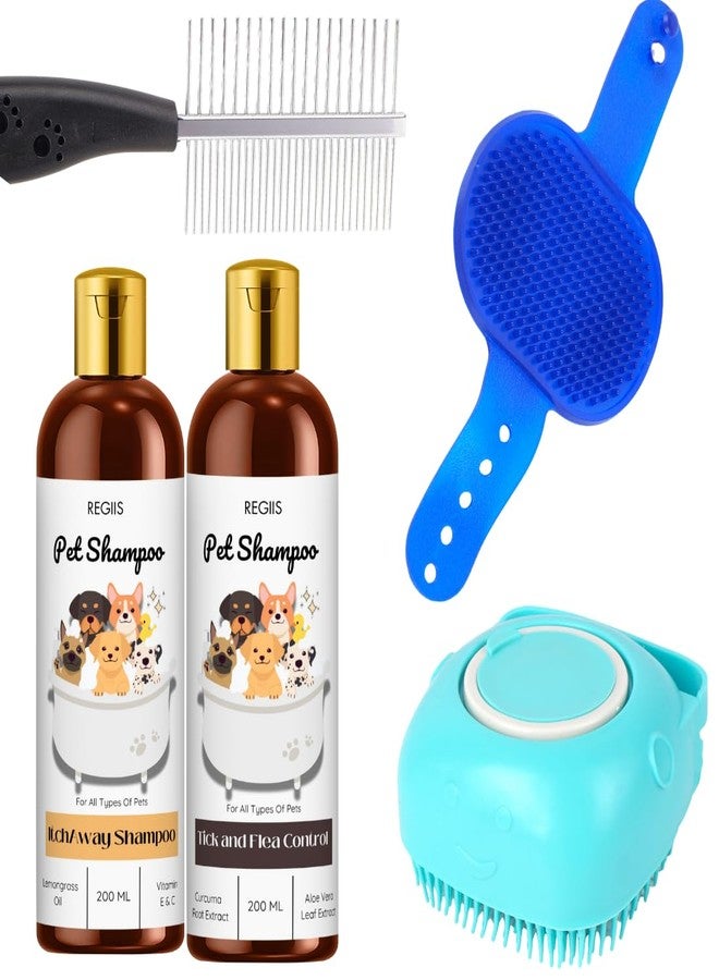 مجموعة العناية بالحيوانات الأليفة، مجموعة شامبو للكلاب مع مشط معدني، وفرشاة سيليكون، وزجاجتين سعة 200 مل لمكافحة القراد والوقاية من البراغيث (عبوة من 5 قطع) - Image 1